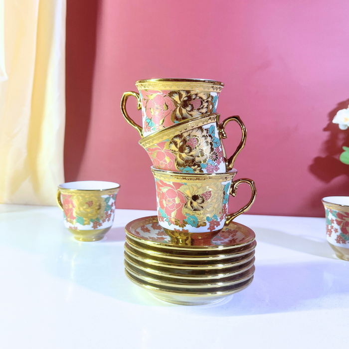 Coral Luxe Floral Gold-Trim Ceramic Tea Cup & Saucer Set – 12 Pieces