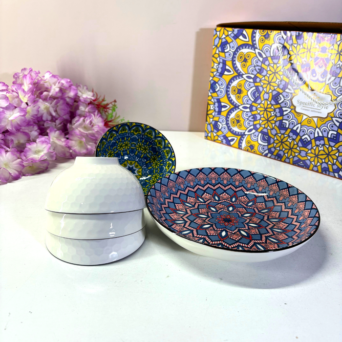 Boho Mandala Ceramic Bowl & Plate Set (4 Bowls + 1 Plate) – Geometric Dinnerware Collection