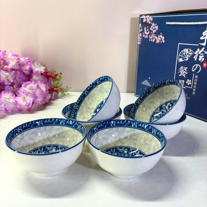 Chinoiserie Blue & White Ceramic Bowl Set (6 Pieces) – Traditional Floral Hand-Painted Collection
