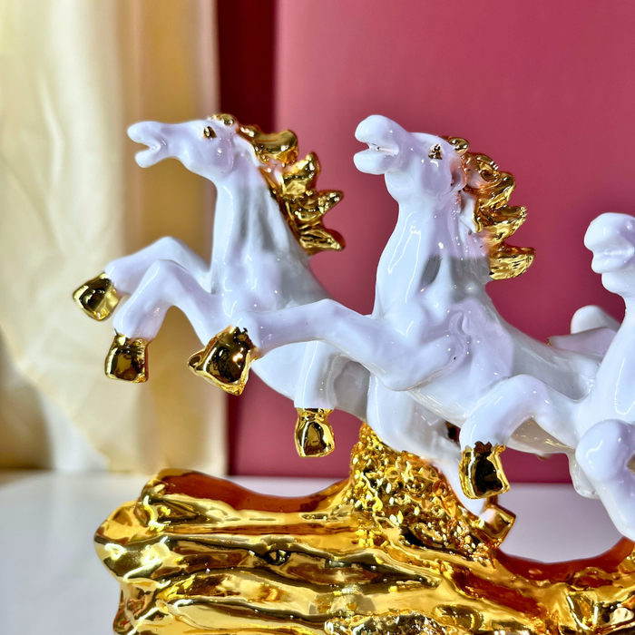 7 Running Horses Statue White Gold Polyresin