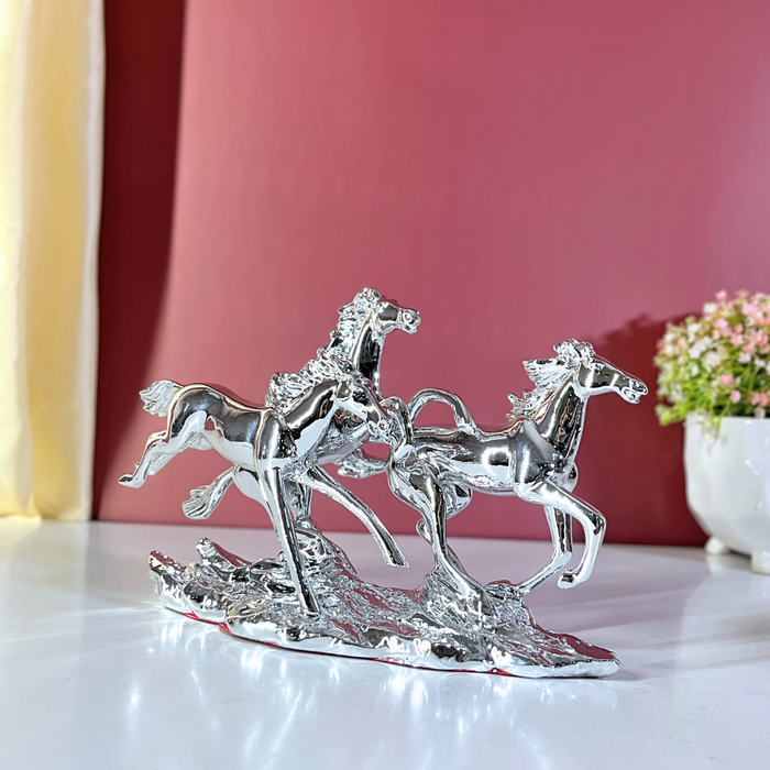 Silver Stallion Trio: Silver Running Horses Sculpture-Modern Indian Home Décor | Decor Paradise
