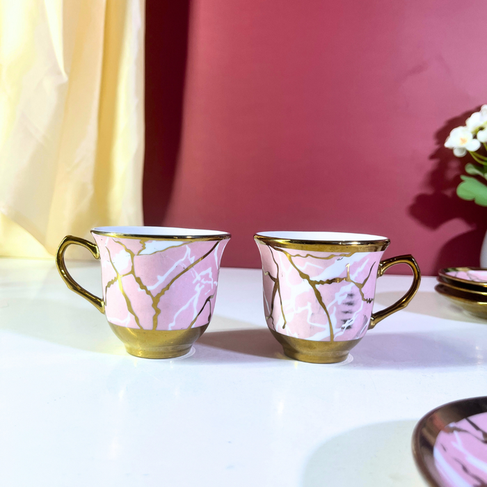 Luxe Pink Marble Ceramic Tea Cup & Saucer Set of 12 Pieces (6 Cups + 6 Saucers) with Gold Rim & Handle