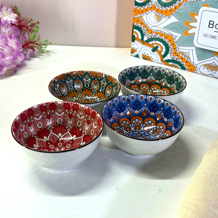 Bohemian Mandala Ceramic Bowl & Plate Set (5 Pieces) – Geometric Pattern Serving Collection