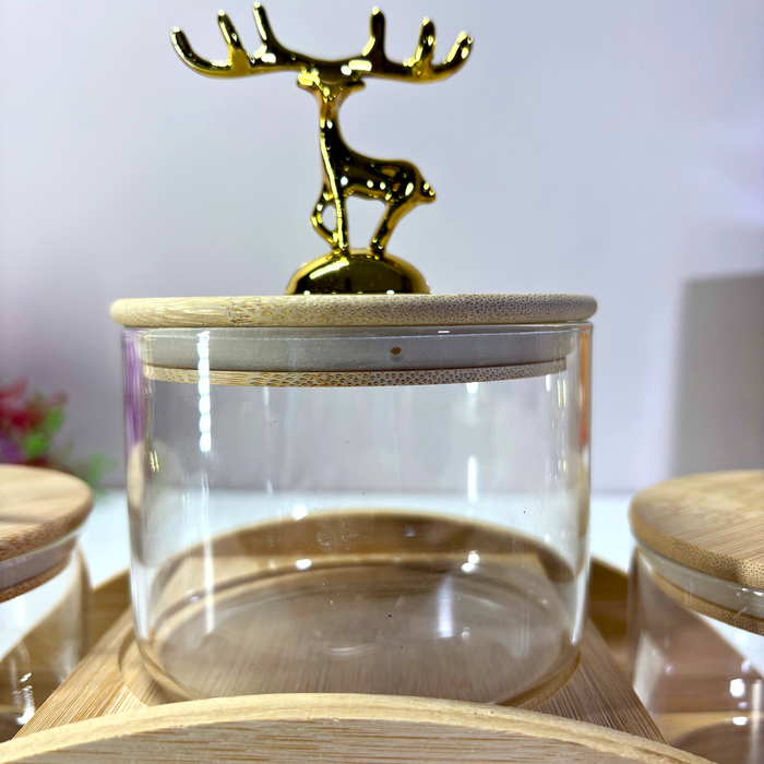 Golden Deer Crystal Glass Storage Set with Wooden Stand – The Decor Paradise