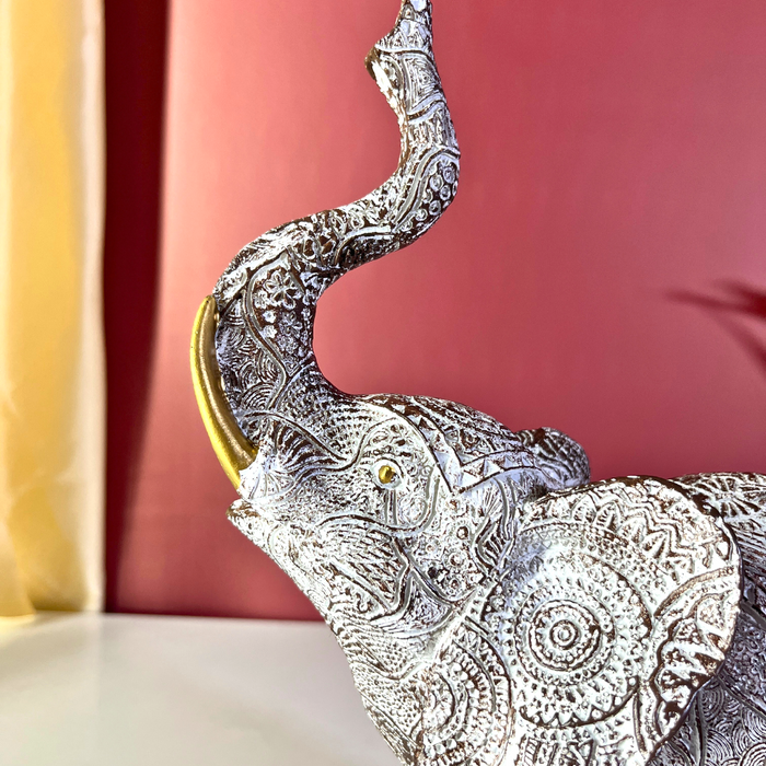 Premium White & Gold Embossed Elephant Figurine Set of 2 Polyresin Décor