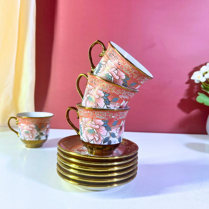 Coral Blossom Gold-Trim Ceramic Tea Cup & Saucer Set – 12 Pieces