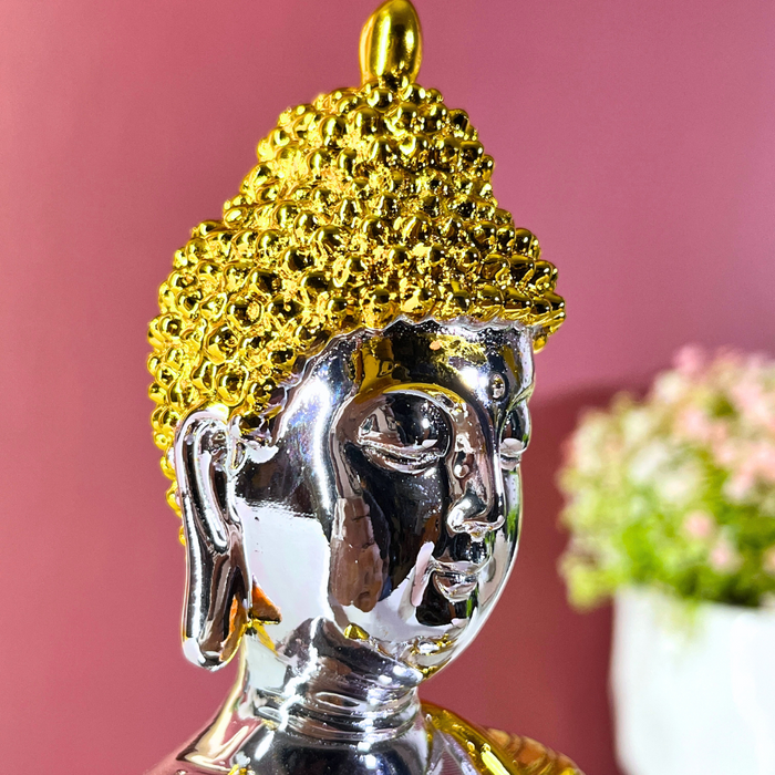 Silver and Gold Gautam Buddha Statue | Elegant Resin Buddha Idol for Meditation Altar | Vastu Decor for Home & Office (23 cm)