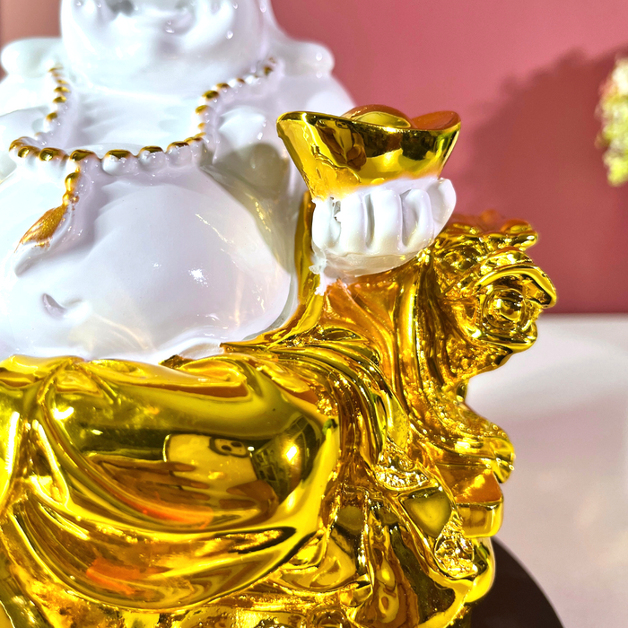 Premium 20 cm Resin Laughing Buddha Statue – Gold & White Feng Shui Home Decor Showpiece