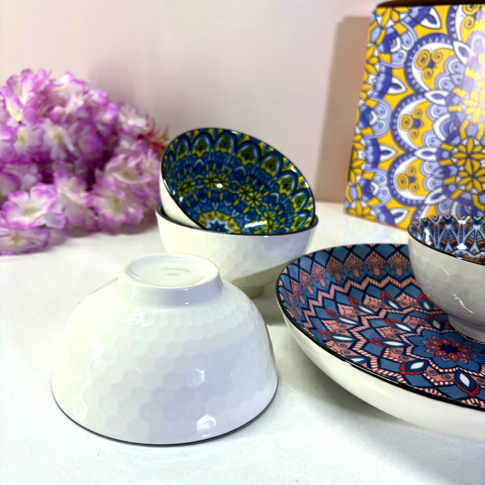 Boho Mandala Ceramic Bowl & Plate Set (4 Bowls + 1 Plate) – Geometric Dinnerware Collection
