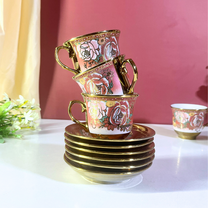 Blush Blossom Pink & Gold Ceramic Tea Cup & Saucer Set (12-Piece)