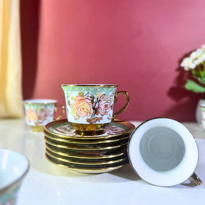 Sage Garden Mint Green Floral Ceramic Tea Cup & Saucer Set - 12 Pieces (6 Cups + 6 Saucers)