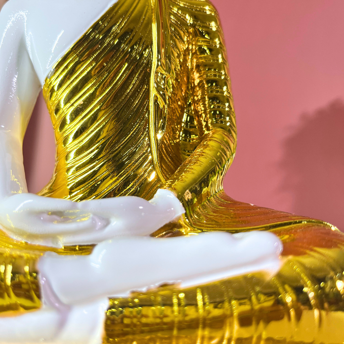 White and Gold Gautam Buddha Statue | Serene Resin Buddha Idol for Meditation & Home Decor | Feng Shui & Spiritual Wellness (27 cm)