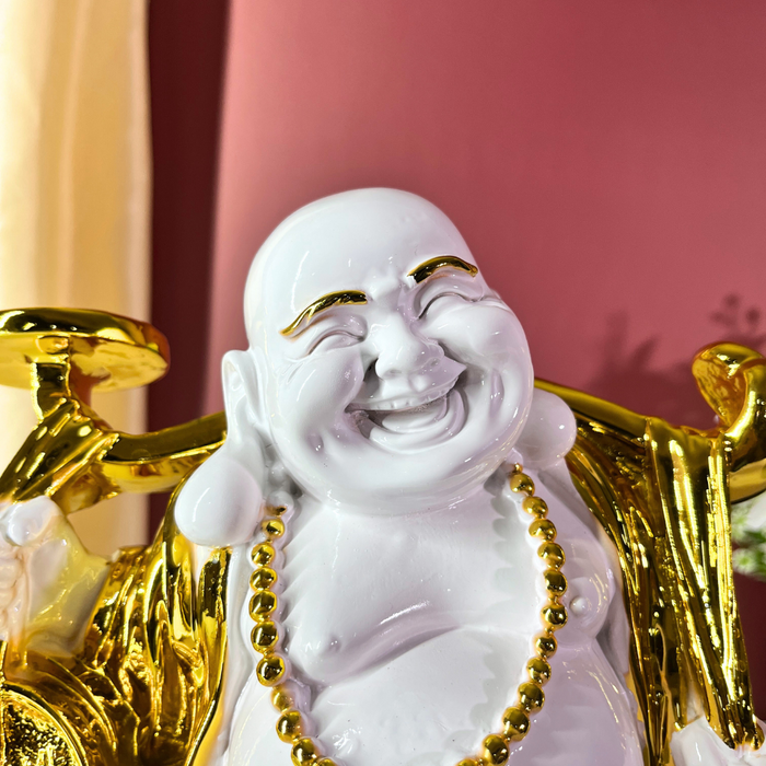 White and Gold Laughing Buddha Statue for Home & Office | Resin Feng Shui Money Buddha | Brings Wealth, Joy & Good Fortune (31cm)