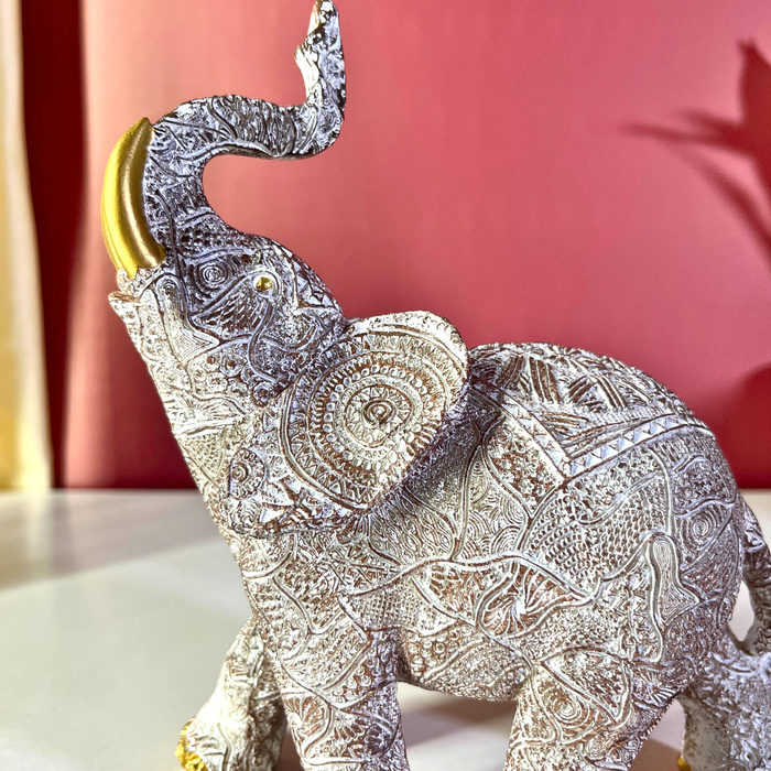 Premium White & Gold Embossed Elephant Figurine Set of 2 Polyresin Décor