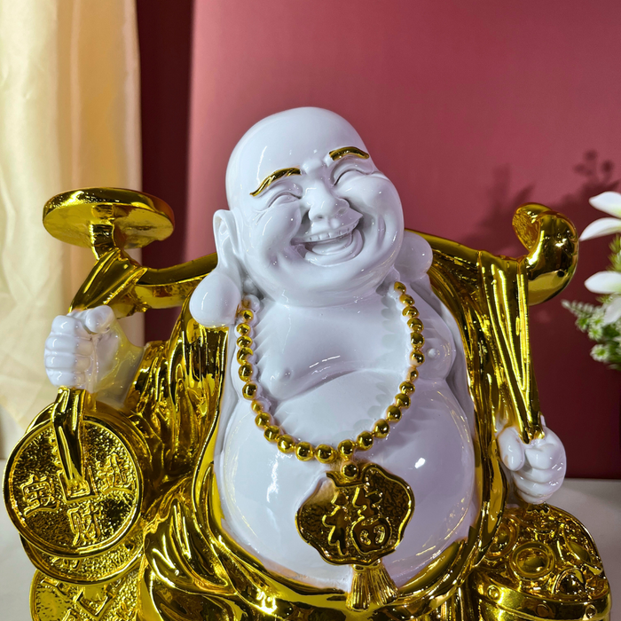 Premium Resin Laughing Buddha Statue - 28cm Golden Feng Shui Home Decor Showpiece