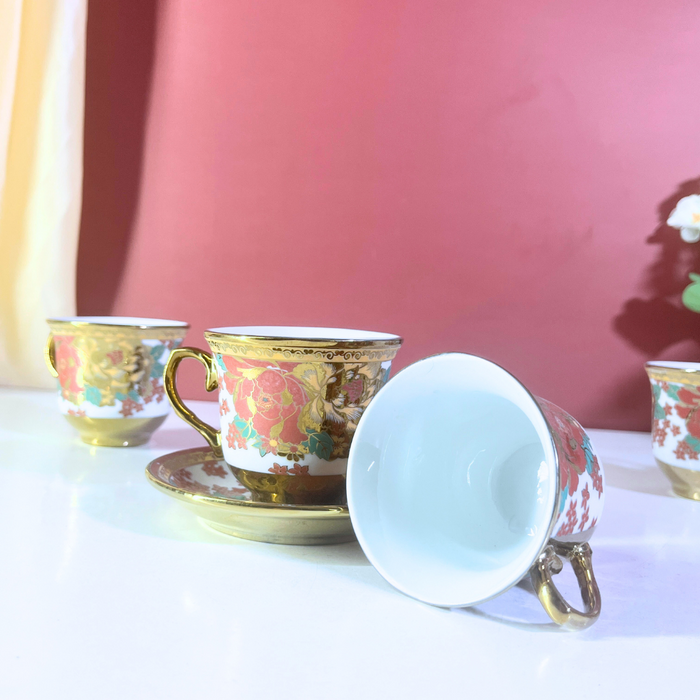 Coral Luxe Floral Gold-Trim Ceramic Tea Cup & Saucer Set – 12 Pieces