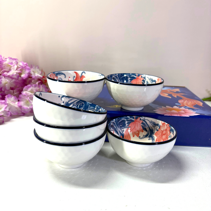Chinoiserie Blue & White Ceramic Bowl Set of 6 – Hand-Painted Floral Collection