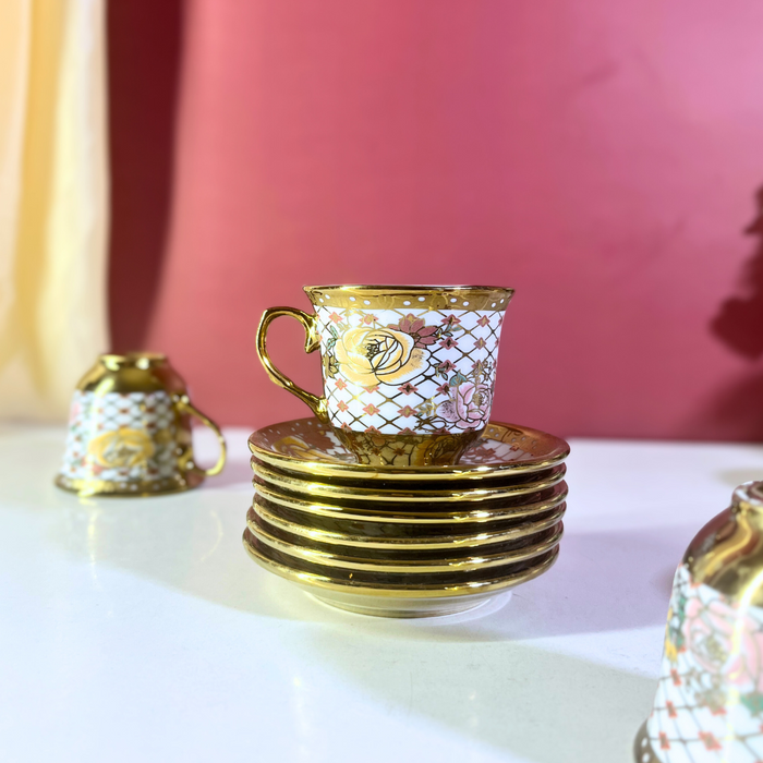 Regal Diamond Lattice Gold & White Ceramic Tea Cup & Saucer Set - 12 Pieces (6 Cups + 6 Saucers)