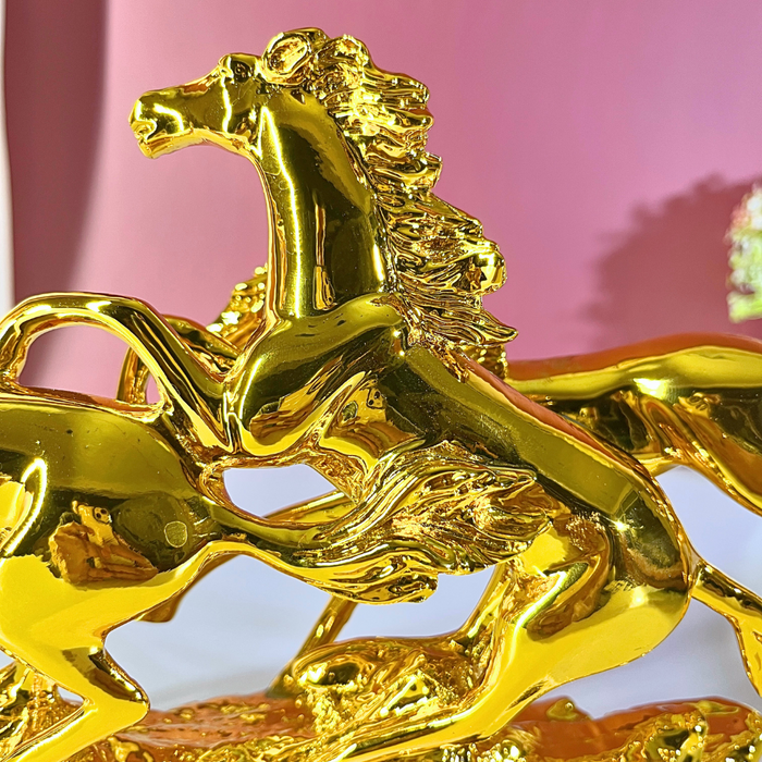 Gold Finish Three Running Horses Statue | Resin Horse Figurine for Home & Office | Vastu Symbol for Success, Speed & Wealth (31 cm Length