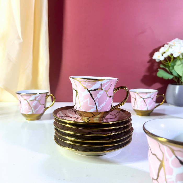 Luxe Pink Marble Ceramic Tea Cup & Saucer Set of 12 Pieces (6 Cups + 6 Saucers) with Gold Rim & Handle