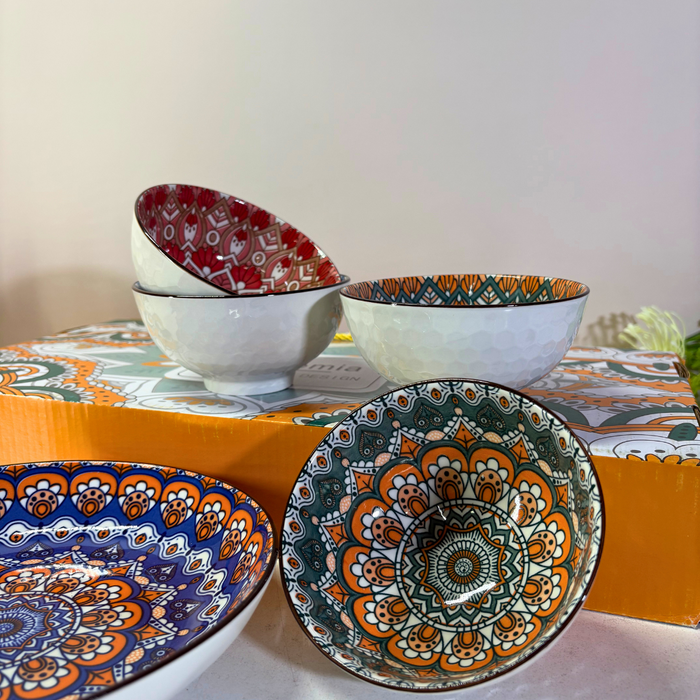 Bohemian Mandala Ceramic Bowl & Plate Set (5 Pieces) – Geometric Pattern Serving Collection