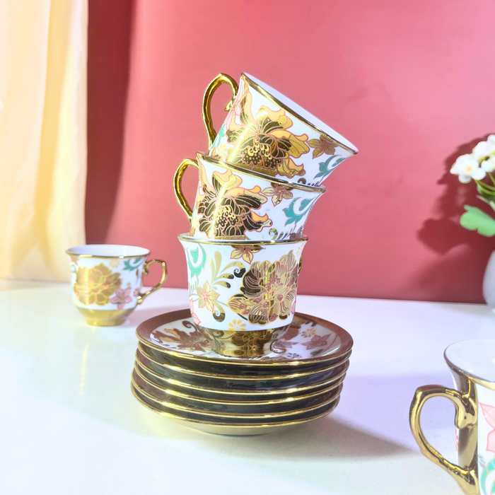 Floral Elegance Gold-Trim Ceramic Tea Cup & Saucer Set – 12 Pieces