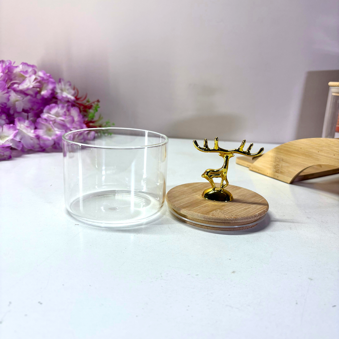 Golden Deer Crystal Glass Storage Set with Wooden Stand – The Decor Paradise