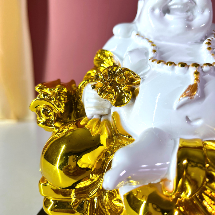 Premium 20 cm Resin Laughing Buddha Statue – Gold & White Feng Shui Home Decor Showpiece