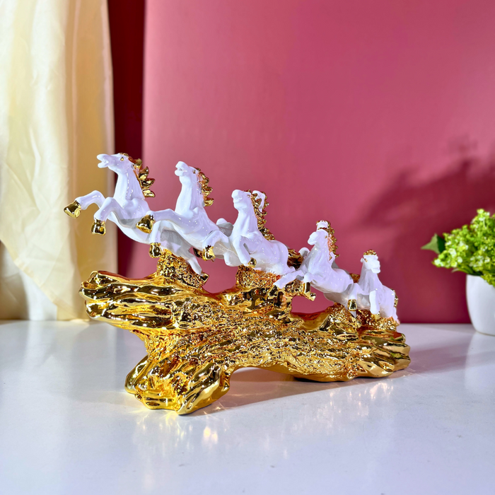 7 Running Horses Statue White Gold Polyresin