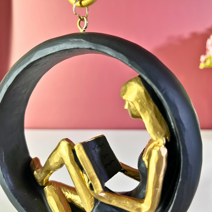 Blue & Gold Hanging Reading Girl Figurine Polyresin
