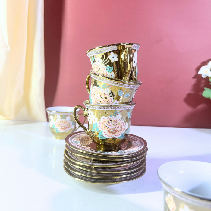 The Decor Paradise 12-Piece Gold Floral Ceramic Cup & Saucer Set