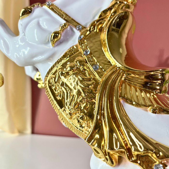 Premium Royal White Gold Horse Statue Crystal Saddle Polyresin