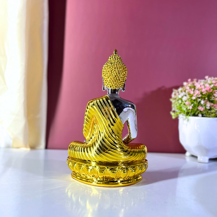 Silver and Gold Gautam Buddha Statue | Elegant Resin Buddha Idol for Meditation Altar | Vastu Decor for Home & Office (23 cm)