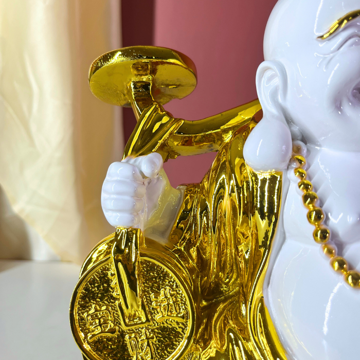 Premium Resin Laughing Buddha Statue - 28cm Golden Feng Shui Home Decor Showpiece