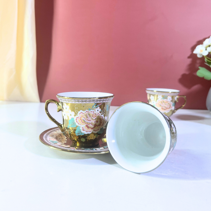 The Decor Paradise 12-Piece Gold Floral Ceramic Cup & Saucer Set