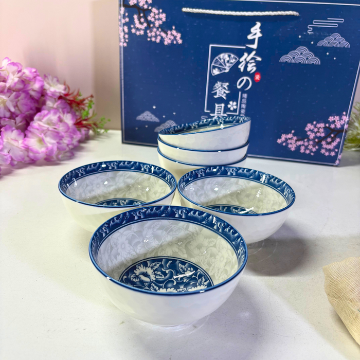 Chinoiserie Blue & White Ceramic Bowl Set (6 Pieces) – Traditional Floral Hand-Painted Collection