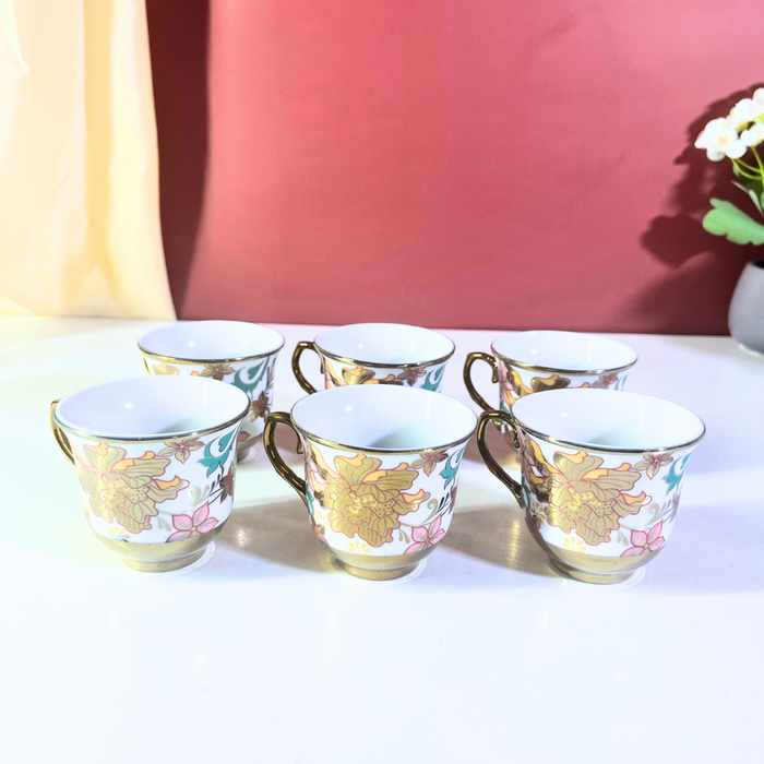 Floral Elegance Gold-Trim Ceramic Tea Cup & Saucer Set – 12 Pieces