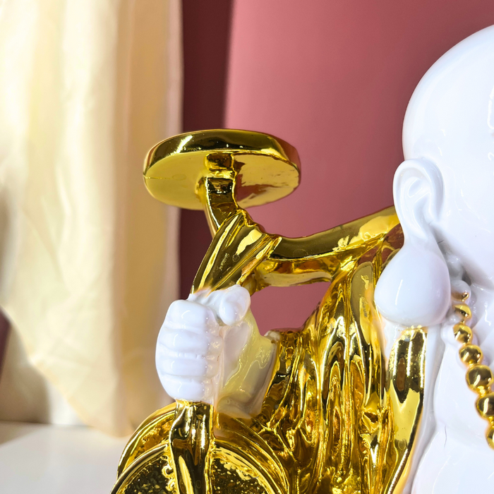 White and Gold Laughing Buddha Statue for Home & Office | Resin Feng Shui Money Buddha | Brings Wealth, Joy & Good Fortune (31cm)