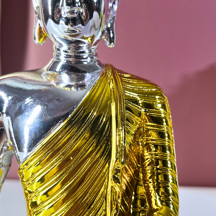 Silver and Gold Gautam Buddha Statue | Elegant Resin Buddha Idol for Meditation Altar | Vastu Decor for Home & Office (23 cm)