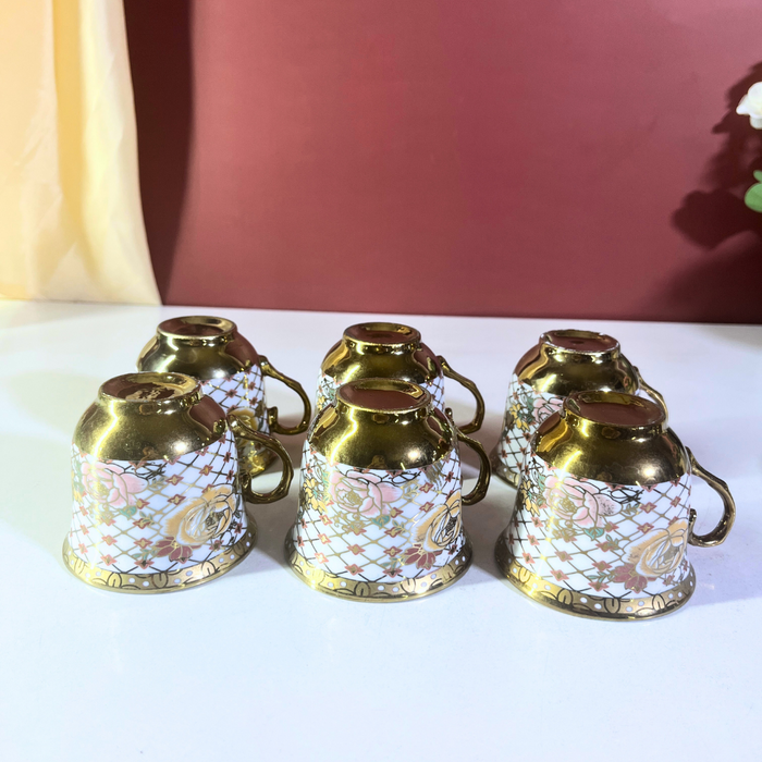 Regal Diamond Lattice Gold & White Ceramic Tea Cup & Saucer Set - 12 Pieces (6 Cups + 6 Saucers)