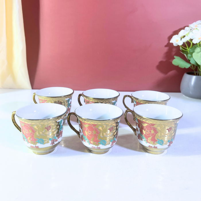 Coral Luxe Floral Gold-Trim Ceramic Tea Cup & Saucer Set – 12 Pieces