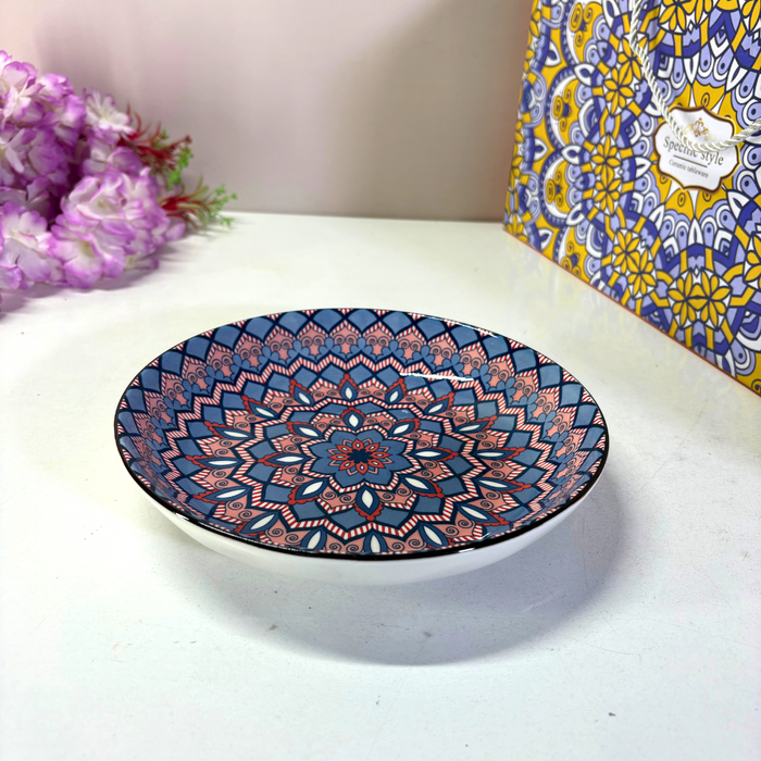 Boho Mandala Ceramic Bowl & Plate Set (4 Bowls + 1 Plate) – Geometric Dinnerware Collection
