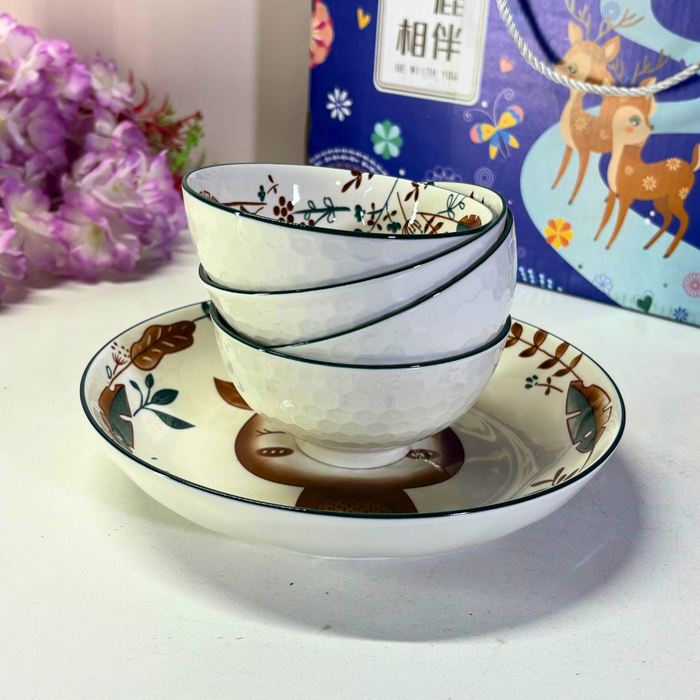 Woodland Deer Ceramic Bowl & Plate Gift Set (5 Pieces) – Forest Friends Dinnerware Collection