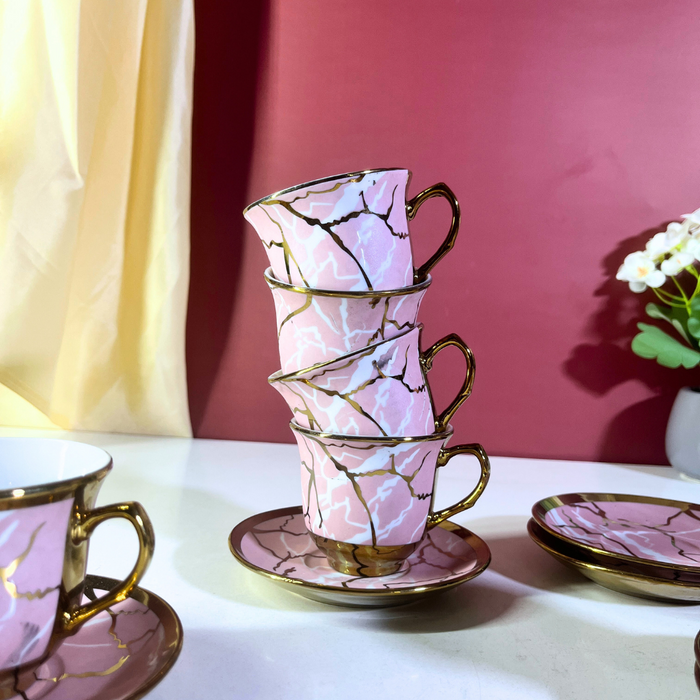 Luxe Pink Marble Ceramic Tea Cup & Saucer Set of 12 Pieces (6 Cups + 6 Saucers) with Gold Rim & Handle