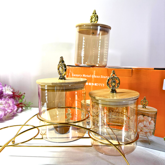 AuraVista Premium Glass & Pinewood Serving Set with Metal Stand
