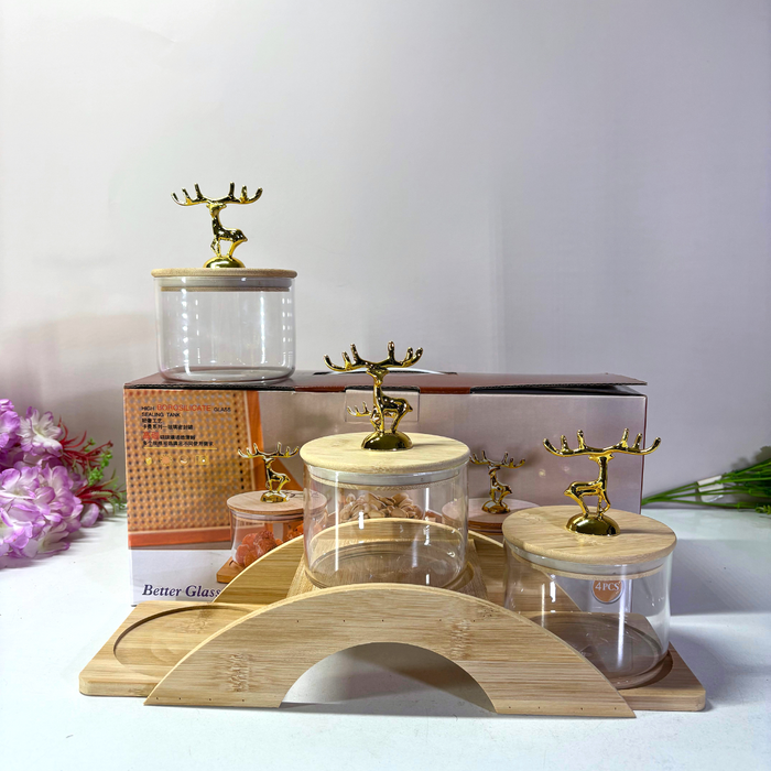 Golden Deer Crystal Glass Storage Set with Wooden Stand – The Decor Paradise