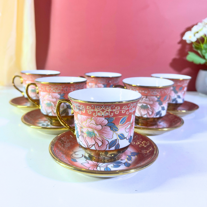 Coral Blossom Gold-Trim Ceramic Tea Cup & Saucer Set – 12 Pieces