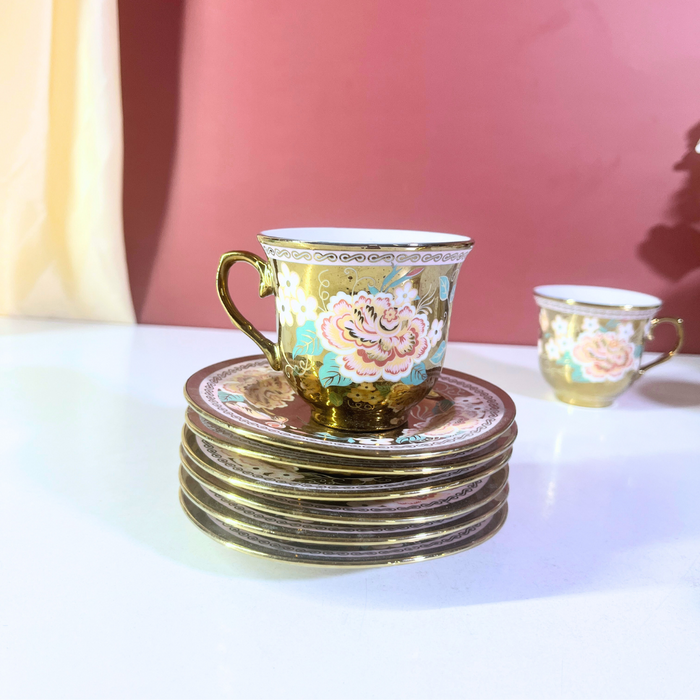 The Decor Paradise 12-Piece Gold Floral Ceramic Cup & Saucer Set