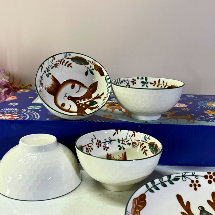 Woodland Deer Ceramic Bowl & Plate Gift Set (5 Pieces) – Forest Friends Dinnerware Collection