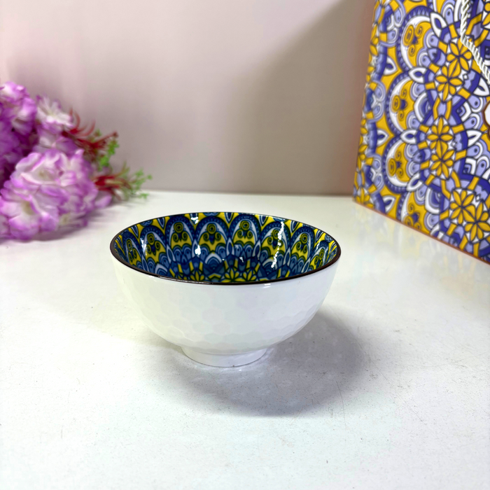 Boho Mandala Ceramic Bowl & Plate Set (4 Bowls + 1 Plate) – Geometric Dinnerware Collection
